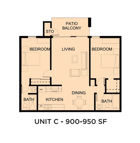 Floor plan for 2 beds, 2 baths, 900 sqft